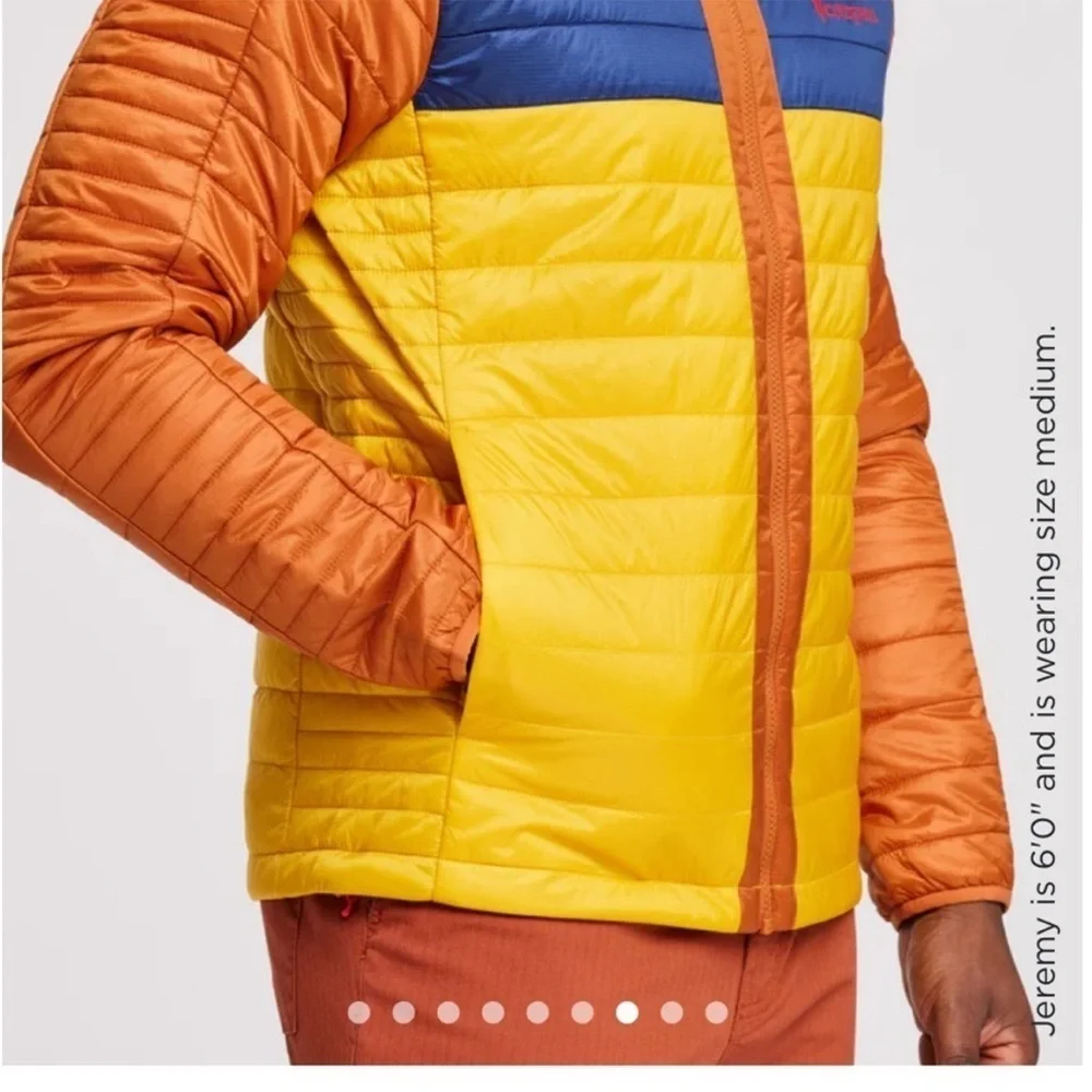 Cotopaxi Men's XL Capa Insulated Hooded Jacket Yellow Orange Mezcal NWT Puff
